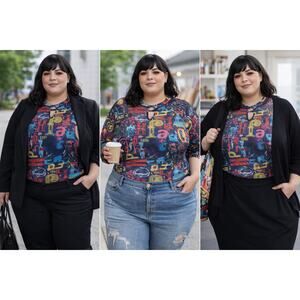 Unbranded 3X Sheer Alphabet Print Bodysuit Cutegoth Graphic Mesh Statement Top